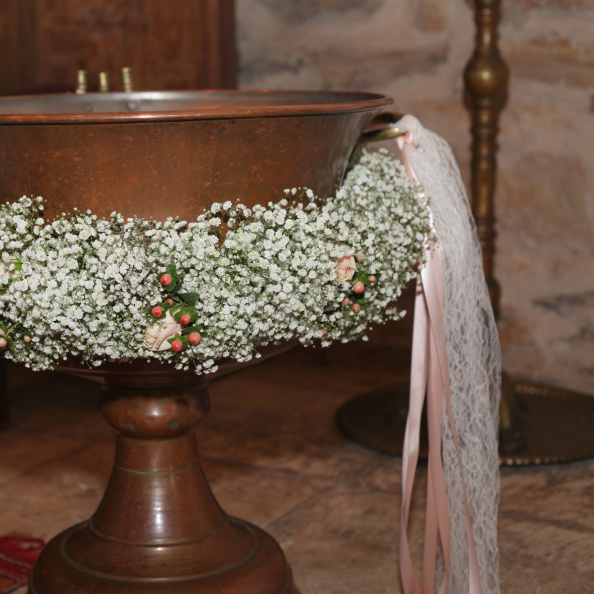 Christening Font Front Baby's Breath