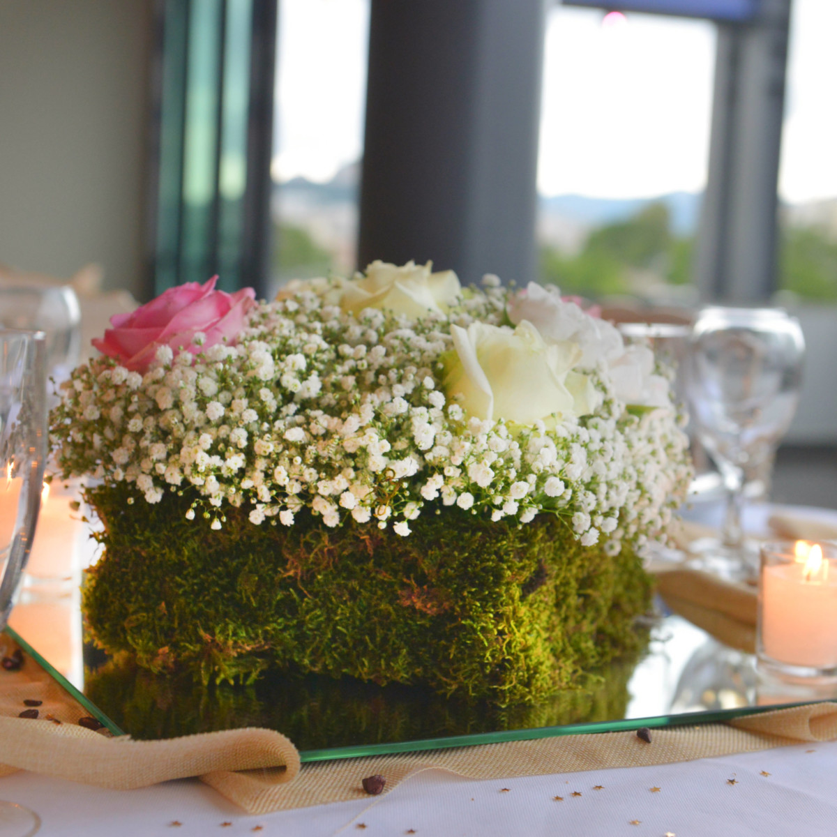 Wedding Reception Moss & Flowers Arrangment