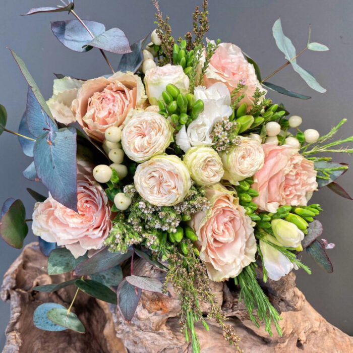 Greek Orthodox Wedding Bouquet Freesia Eucalyptus Roses Safari