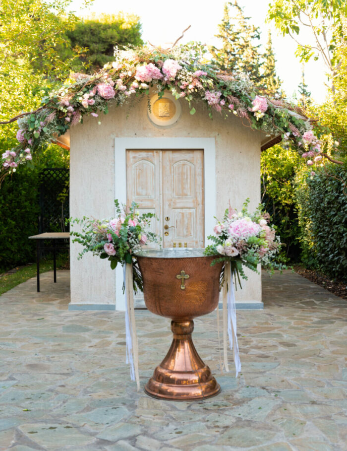 Baptismal Font Decoration Bouquets Pink Flowers