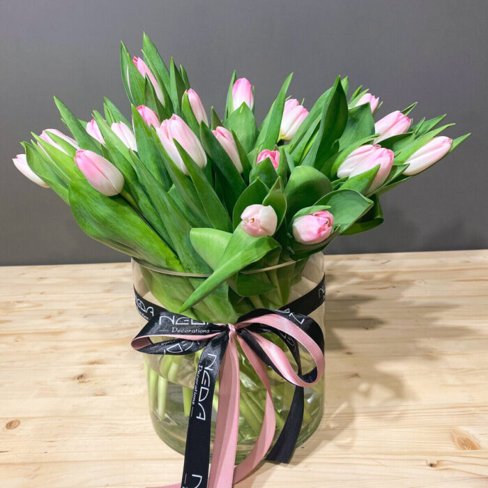 Bouquet Tulips Pink Bowl Cylindrical