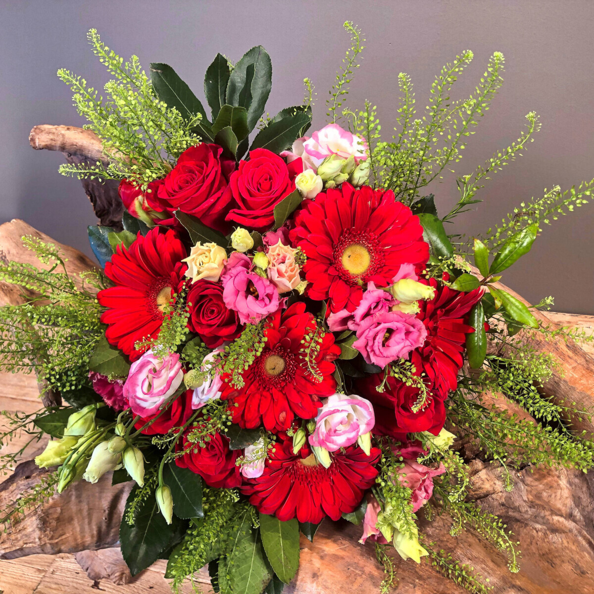 Bouquet Flowers (Red Roses Gerberas Pink Lysianthus)