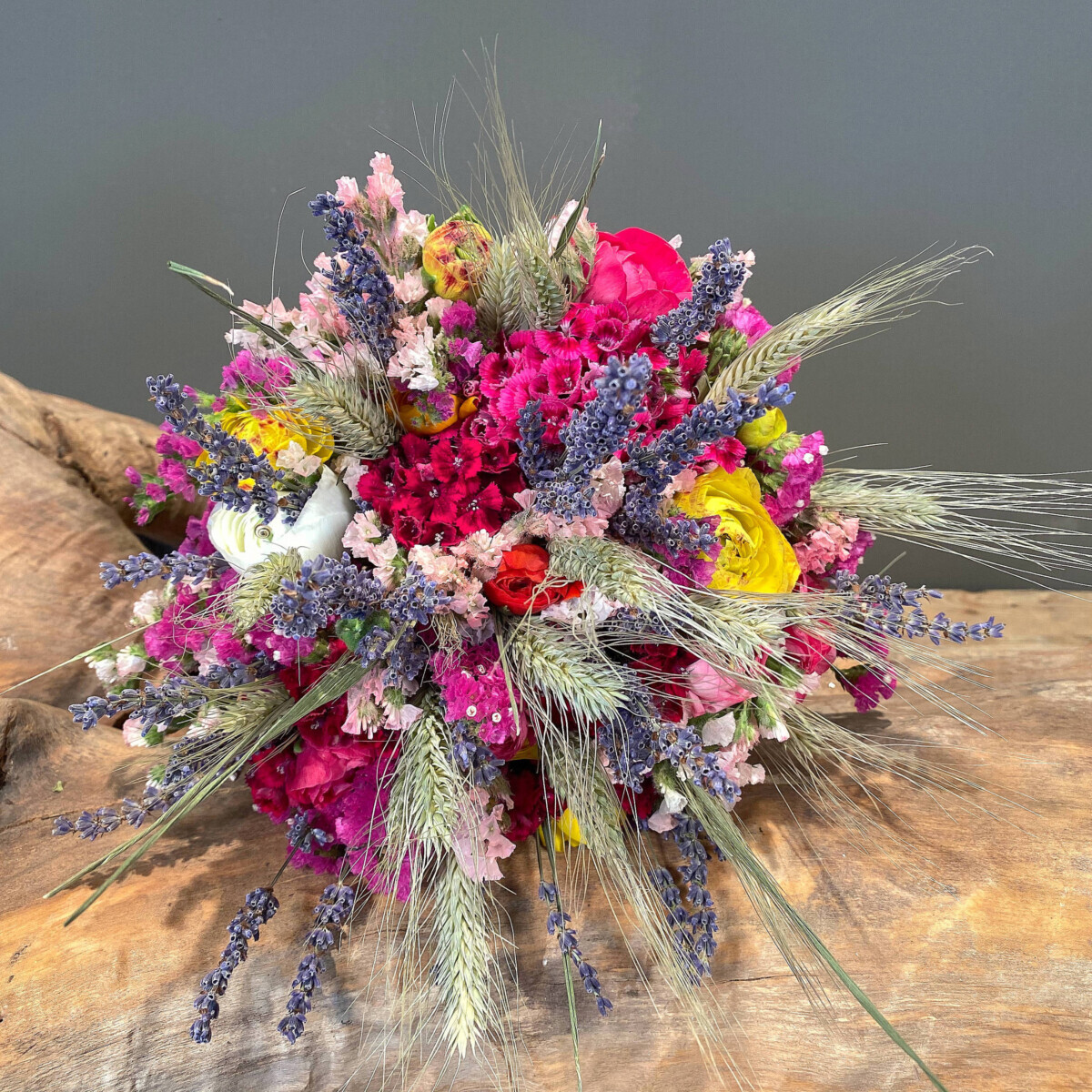 Bouquet Wheat Sheaves Lavender Amaranth Buttercups Carnations