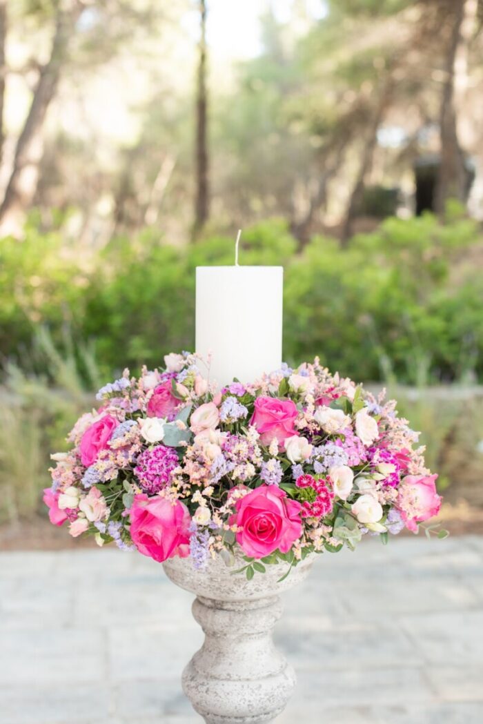 Λαμπάδες Γάμου Γκρι Κηροπήγιο Ροζ Λιλά Λουλούδια