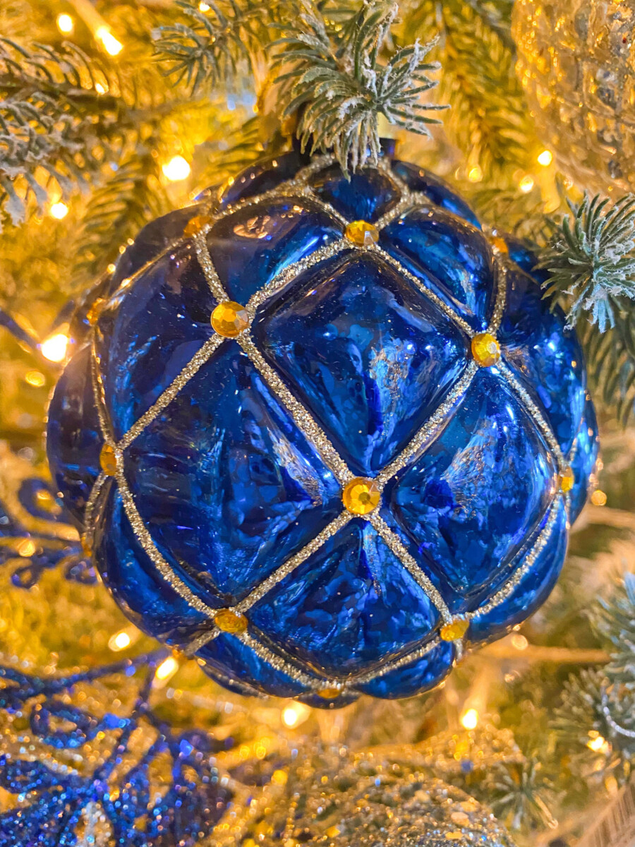 Χριστουγεννιάτικη Μπάλα Μπλε Ρόμβοι Χρυσό Γκλίτερ Στρας